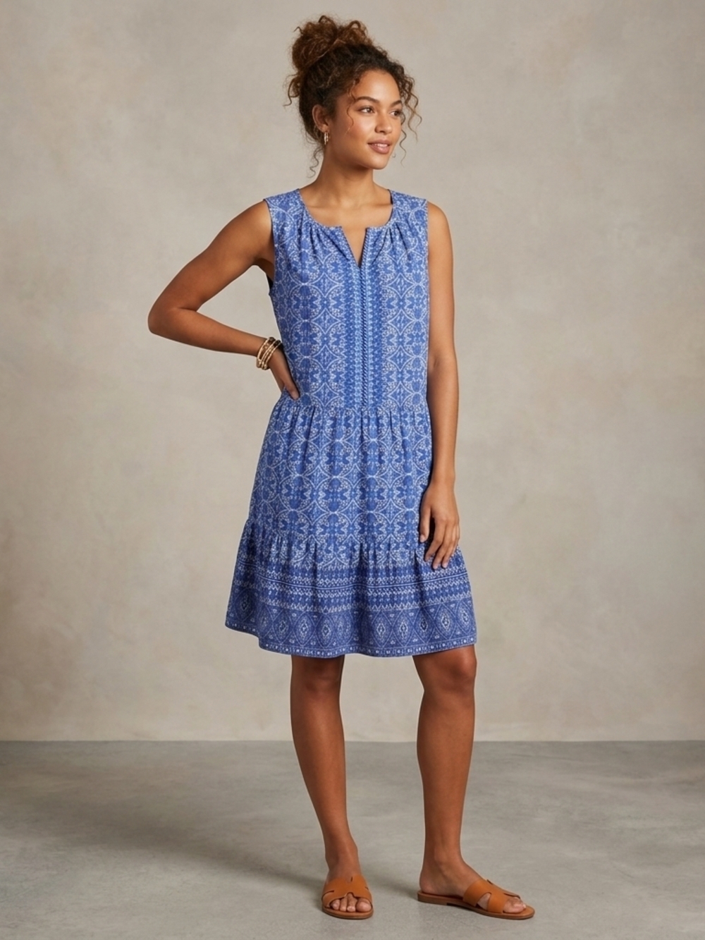 Talbots Blue Printed Sleeveless Tiered Mini Dress Size XL Petite